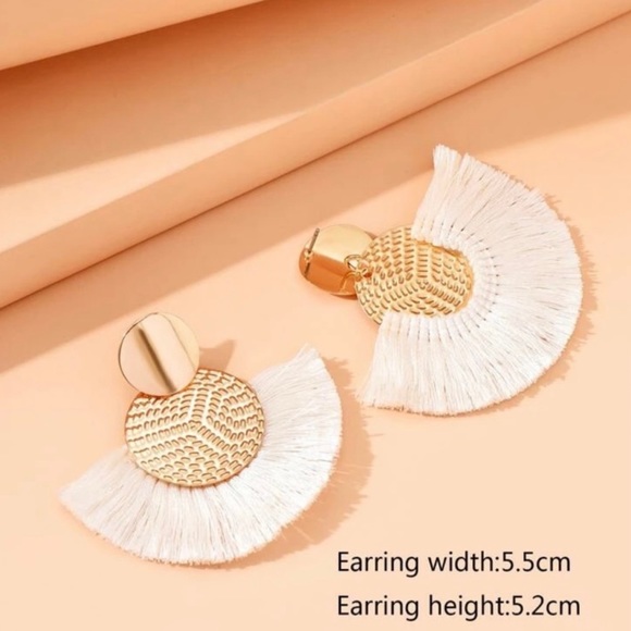 Bohemian Gold & White Fringe Fan Earrings - Picture 3 of 3